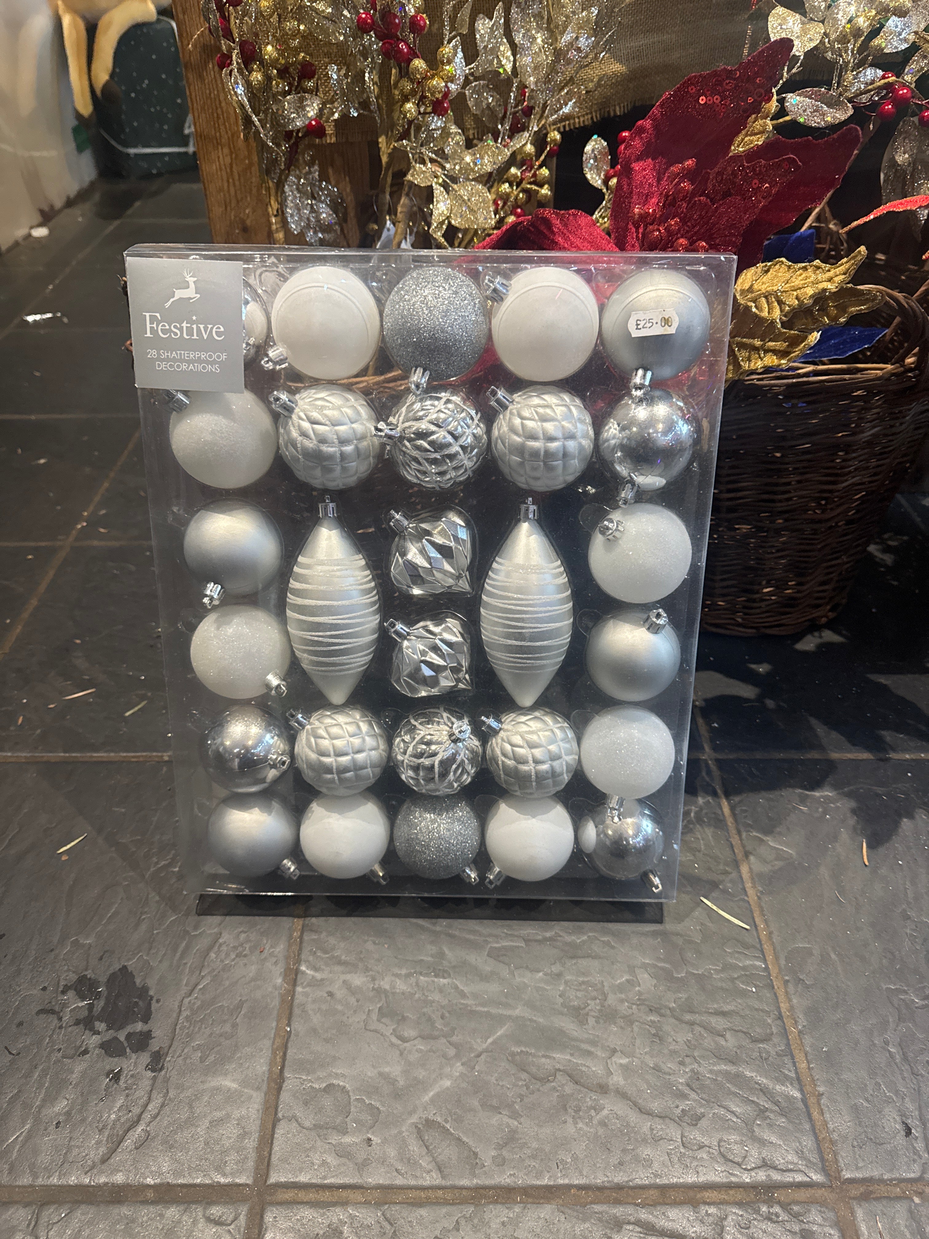 Silver and white baubles