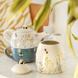 Floral Ceramic Teapot and Mug Set: Cornflower Blue