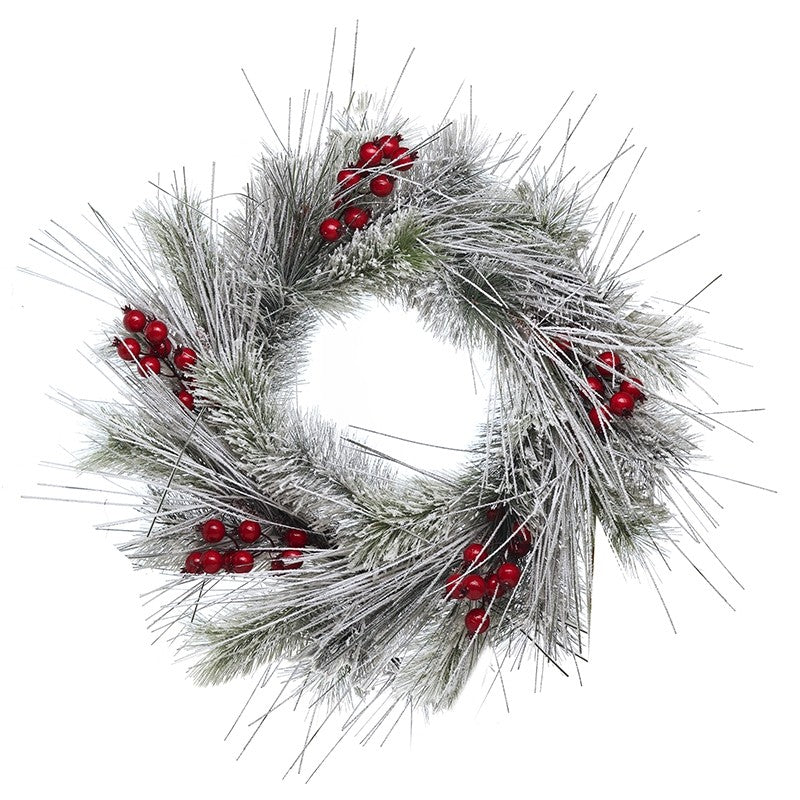 Grey Green Frosty Wreath & Red Berries