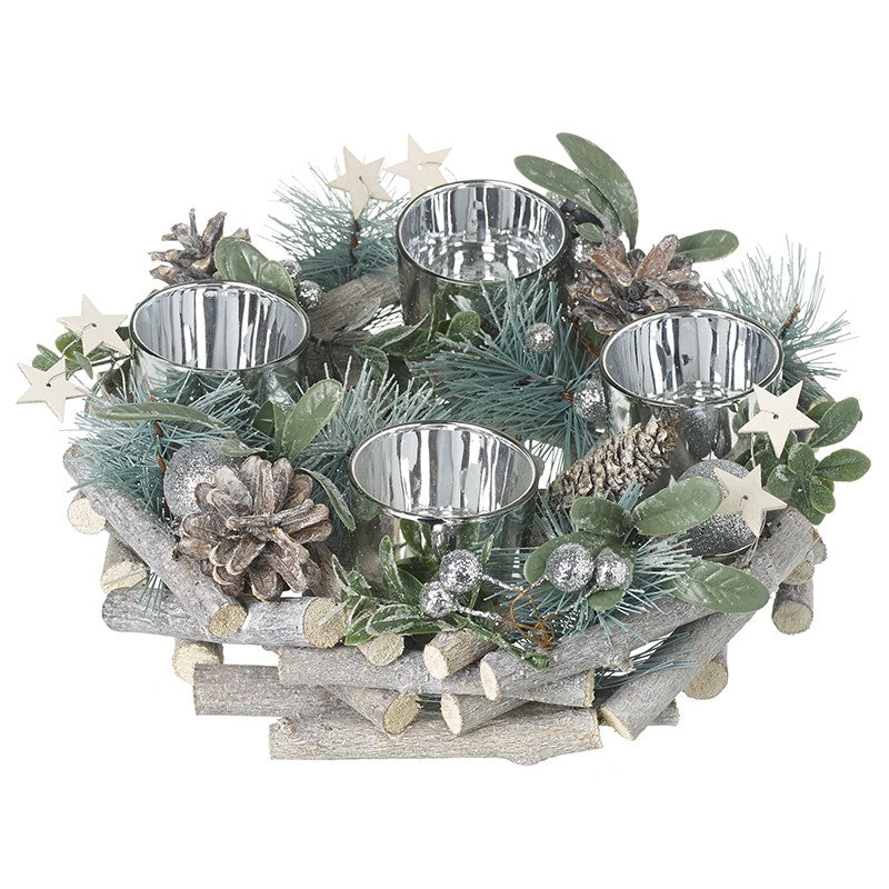 Round Four TeaLight Holder With Silver Foliage