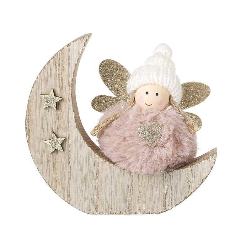 Pink Fairy On Wooden Crescent Moon